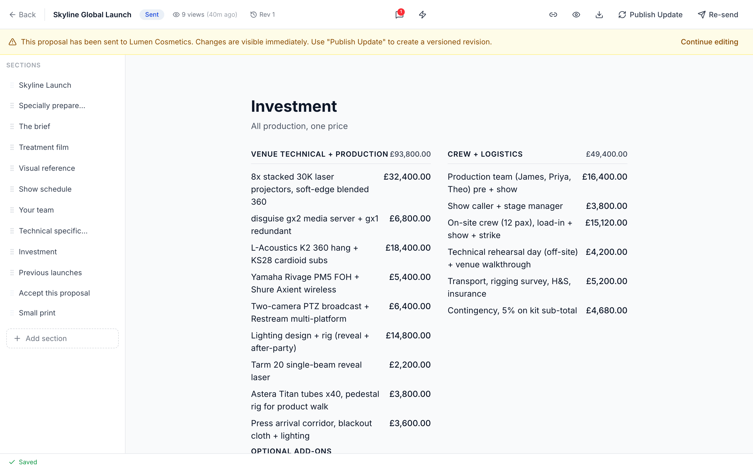 Two-column investment and quote section with grouped line items