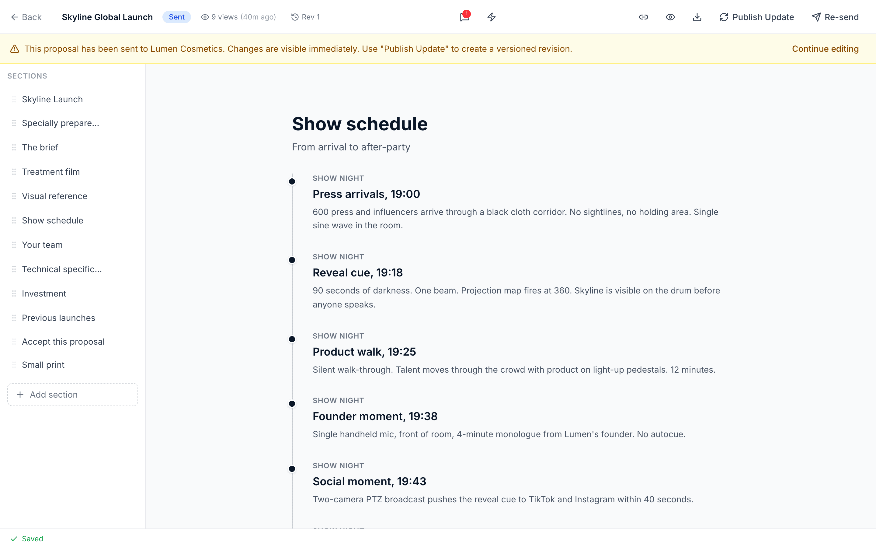 Show schedule section with load-in, rehearsal, and show day timeline