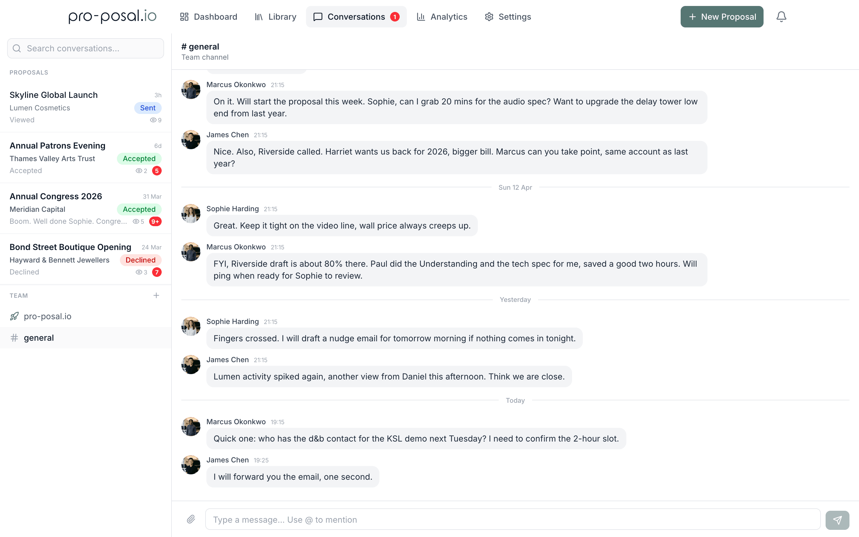 Team conversations panel with real-time chat and system events